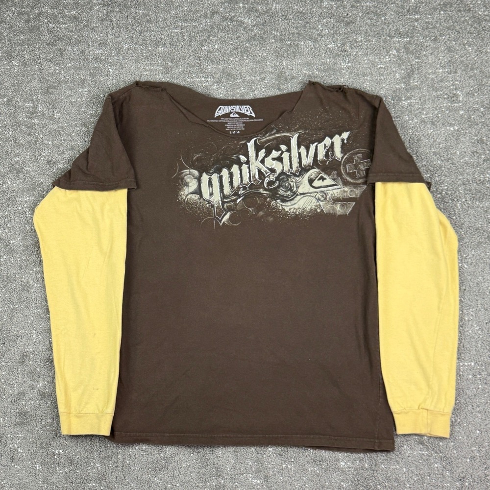 Vtg Y2K Quiksilver Layered Long Sleeve Shirt Brown Tan Surf Skate Men's L Grunge